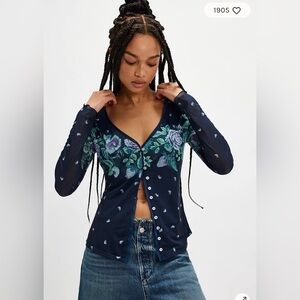 Free People Home Grown Mesh Cardi in Navy Combo Size L. NWT